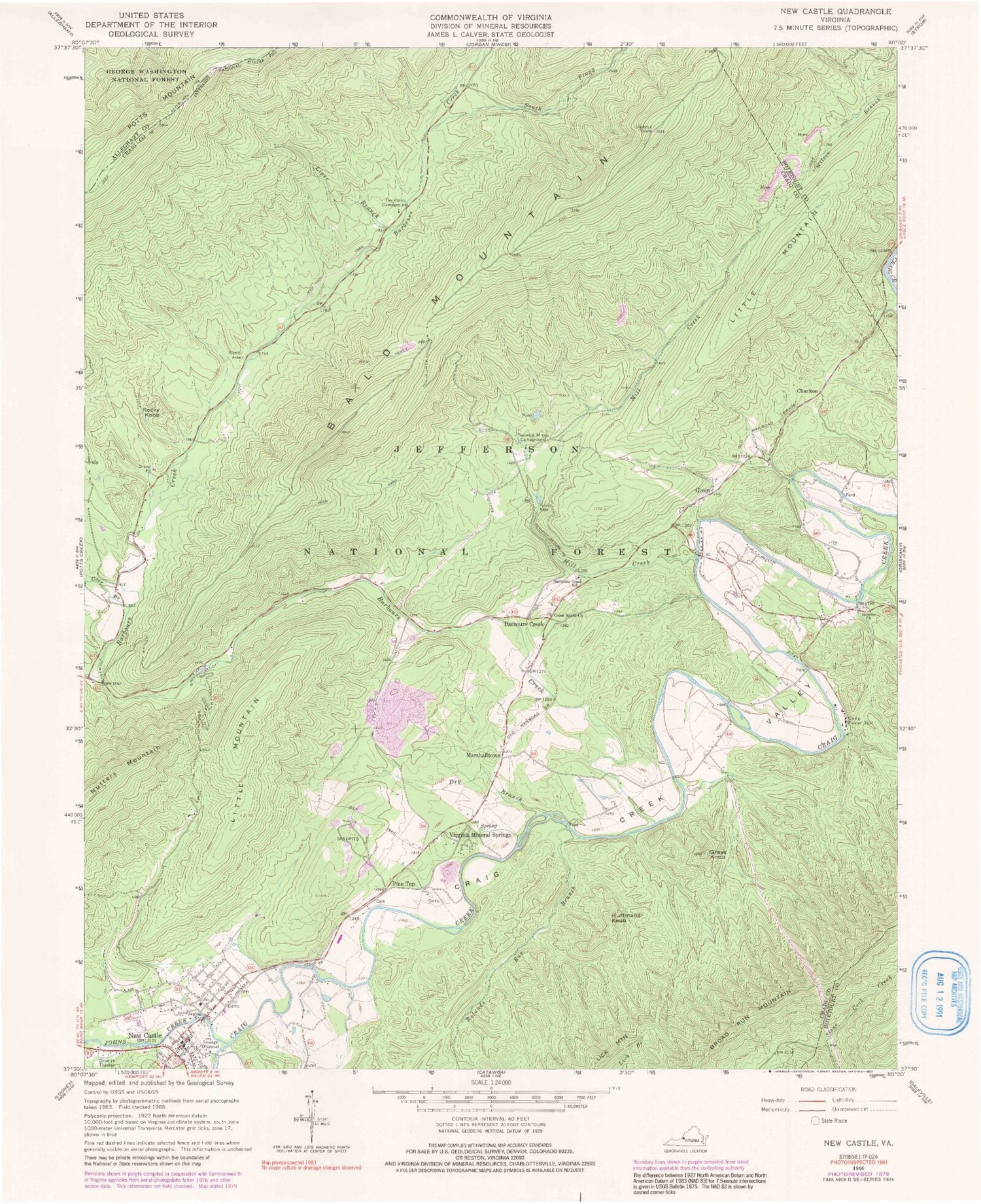 Classic USGS New Castle Virginia 7.5'x7.5' Topo Map Image