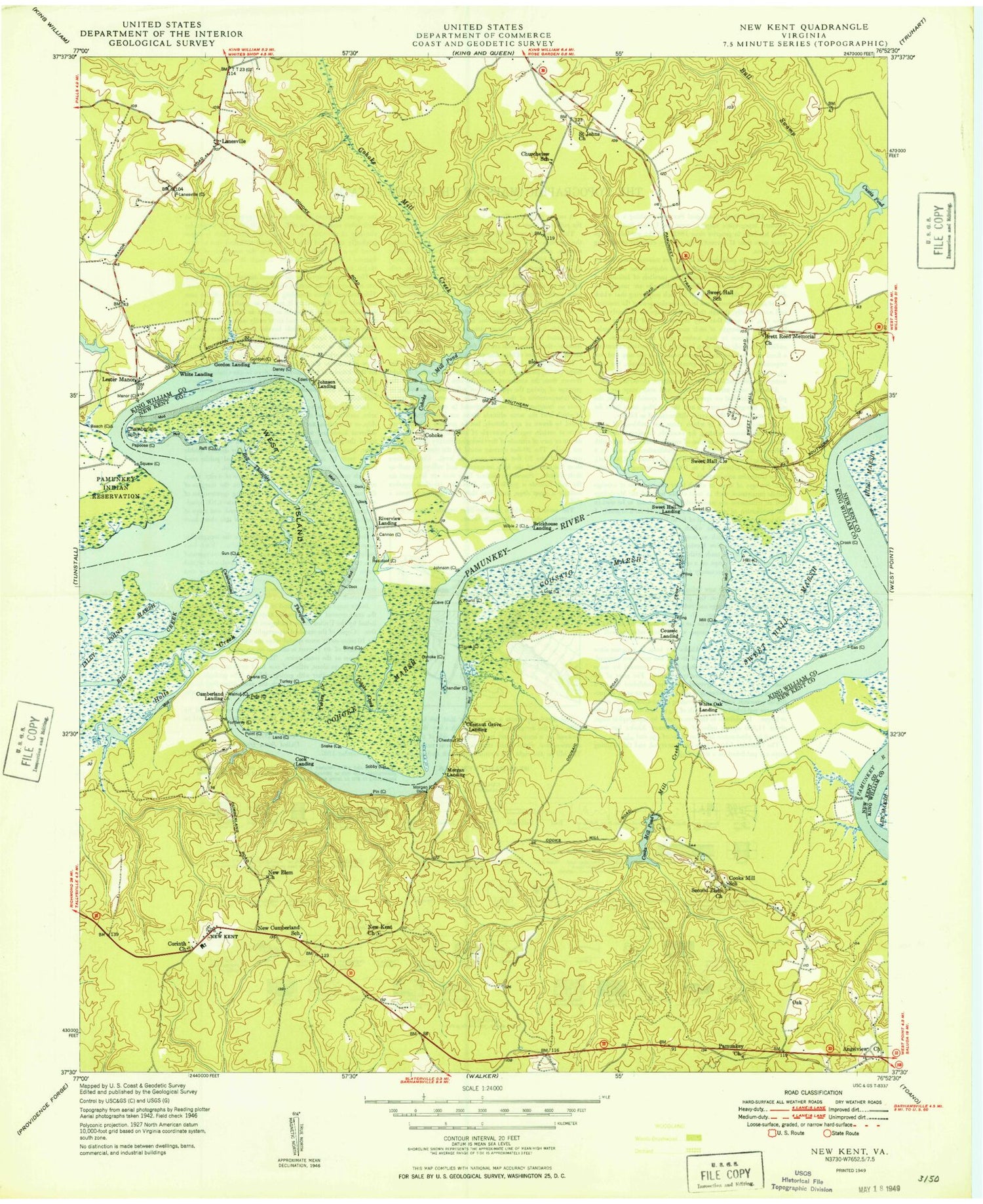Classic USGS New Kent Virginia 7.5'x7.5' Topo Map Image
