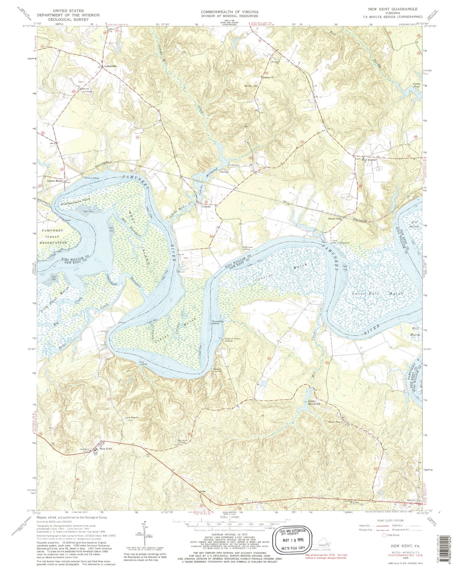 Classic USGS New Kent Virginia 7.5'x7.5' Topo Map Image