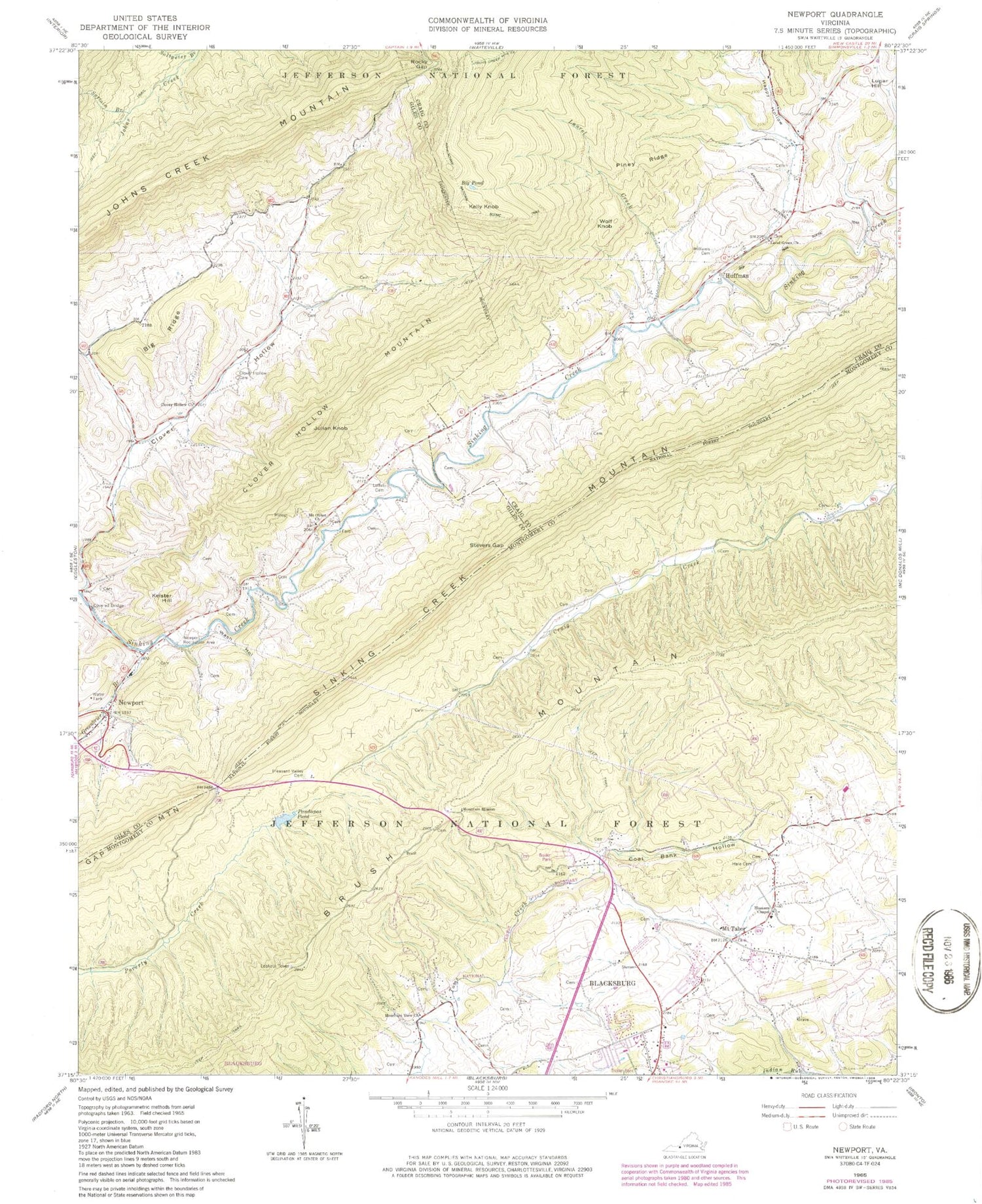 Classic USGS Newport Virginia 7.5'x7.5' Topo Map Image
