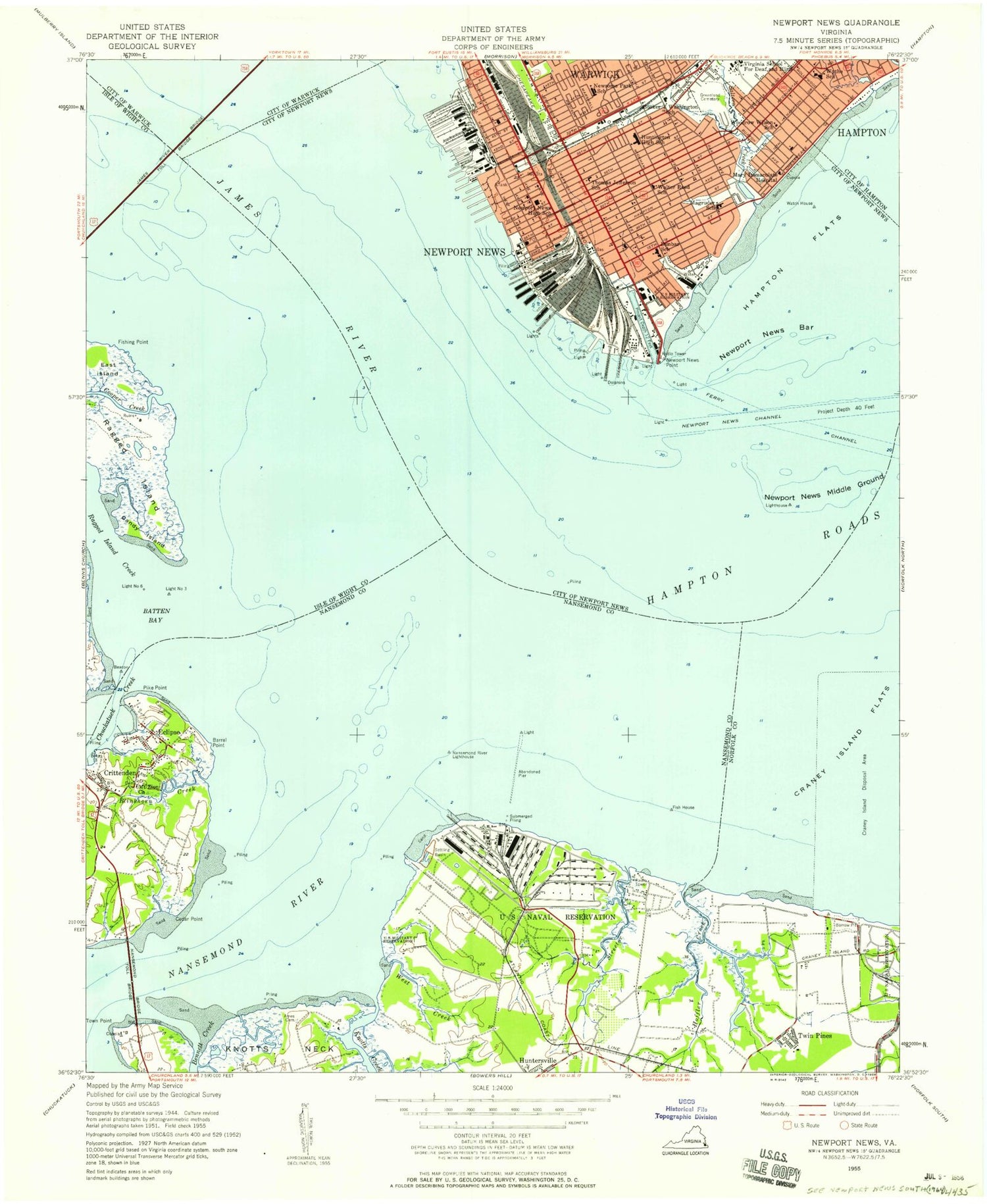 Classic USGS Newport News South Virginia 7.5'x7.5' Topo Map Image