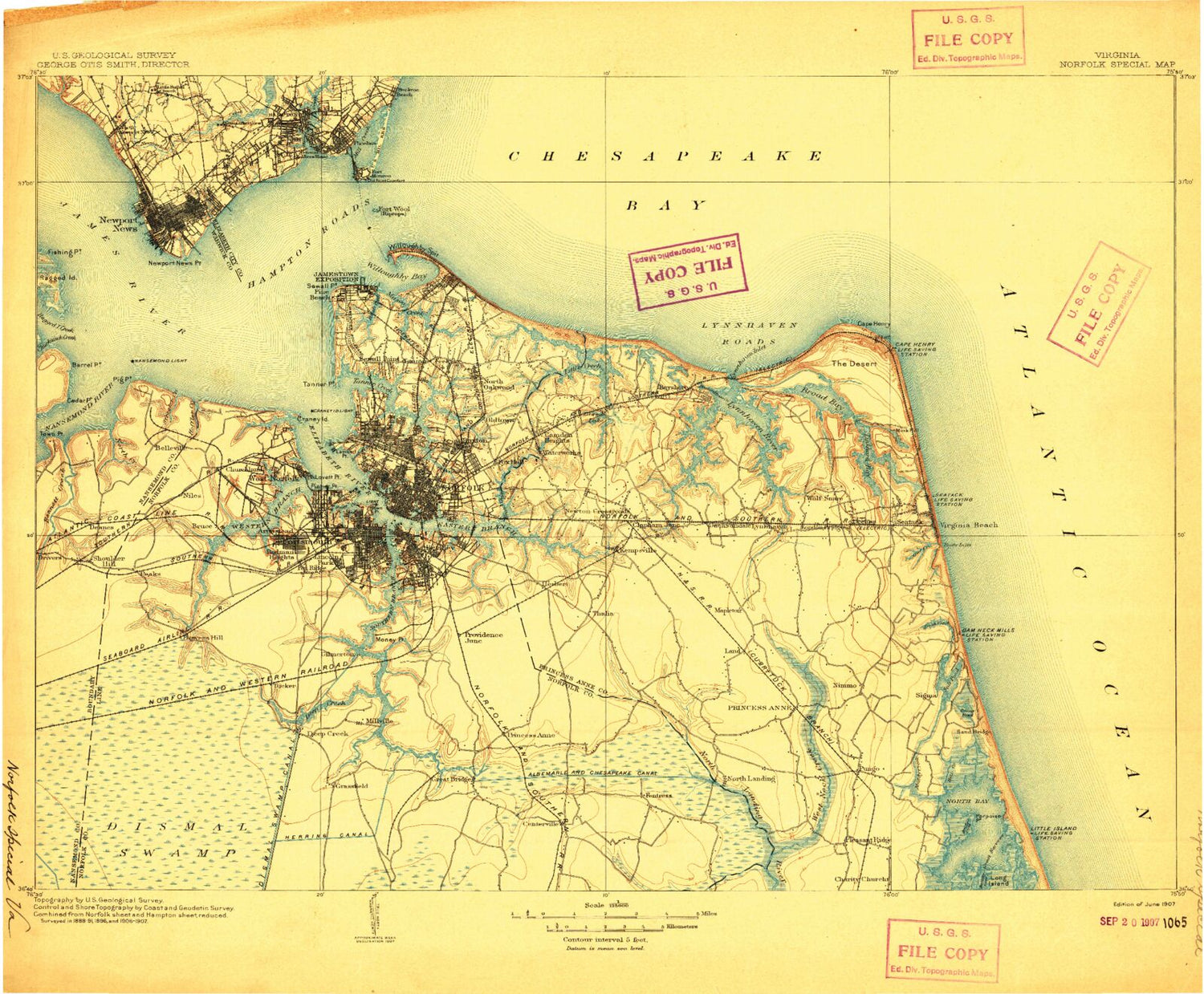 Historic 1907 Norfolk Special Virginia 30'x30' Topo Map Image