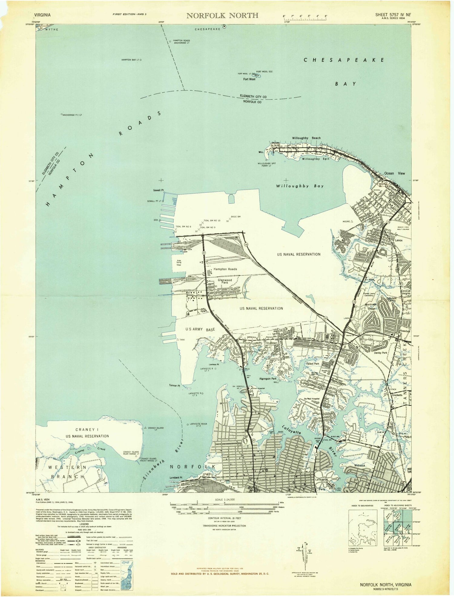 Classic USGS Norfolk North Virginia 7.5'x7.5' Topo Map Image