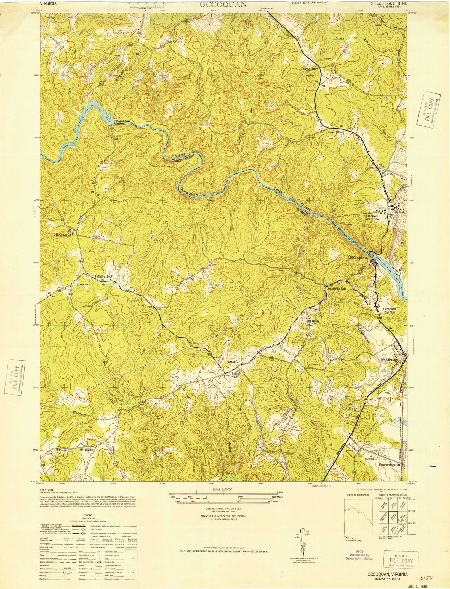 Classic USGS Occoquan Virginia 7.5'x7.5' Topo Map Image