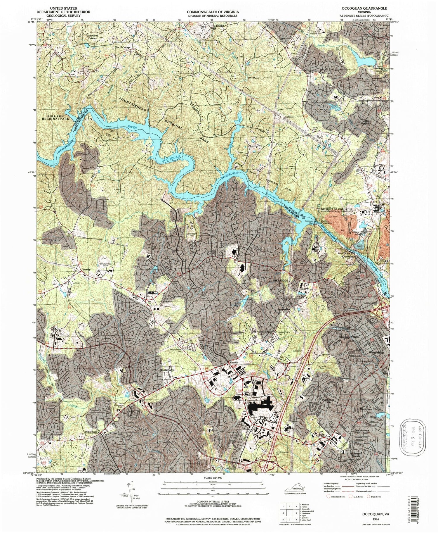 Classic USGS Occoquan Virginia 7.5'x7.5' Topo Map Image
