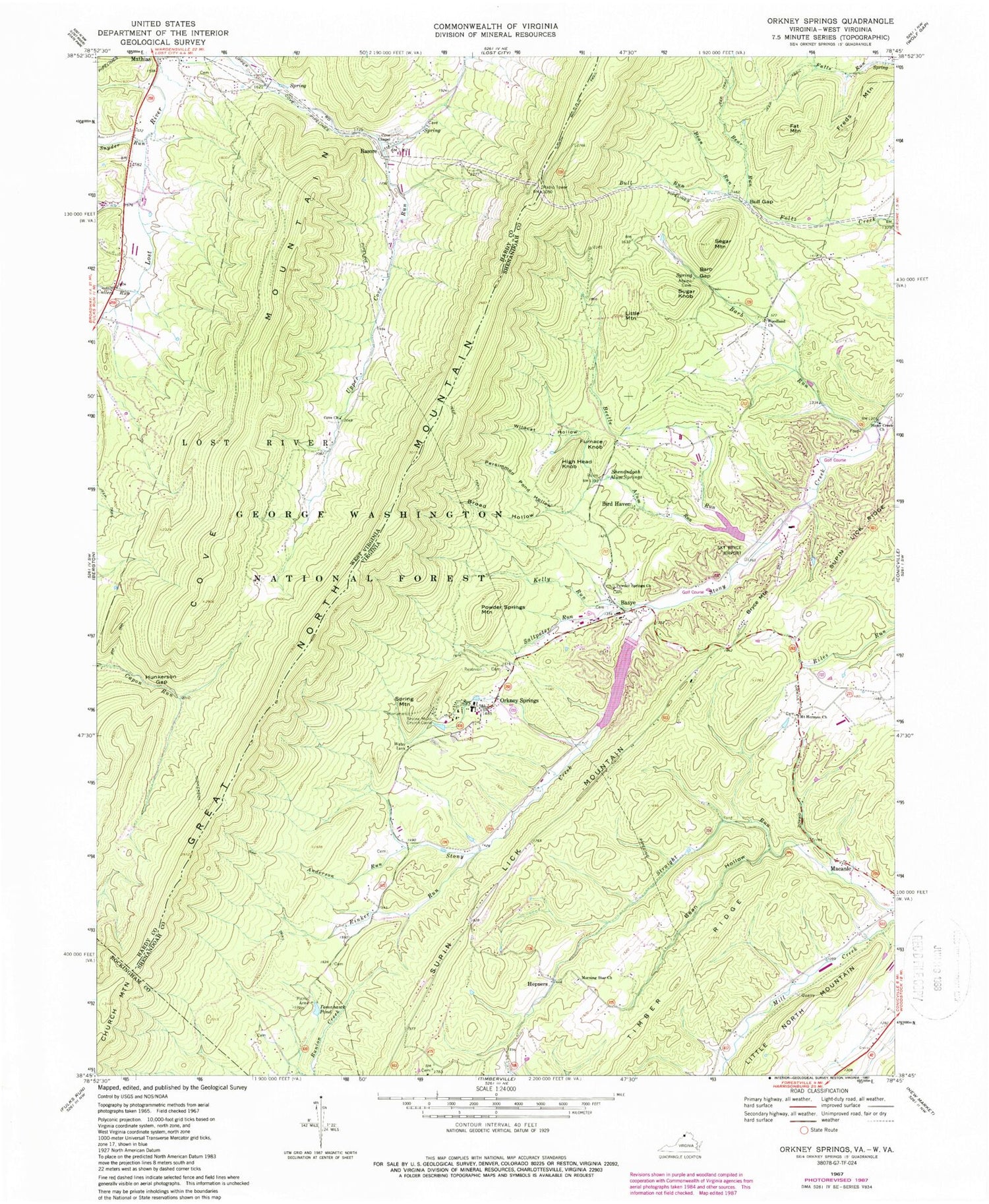 Classic USGS Orkney Springs Virginia 7.5'x7.5' Topo Map Image