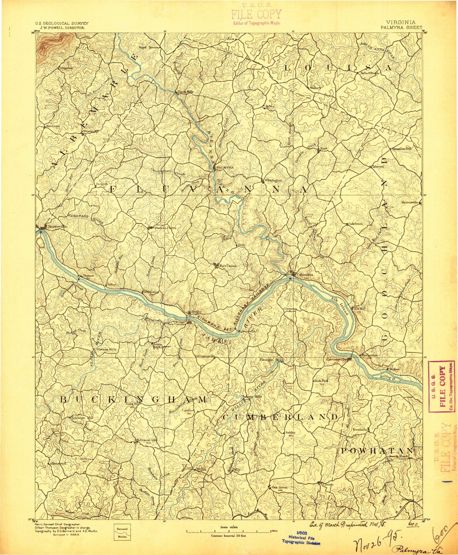 Historic 1895 Palmyra Virginia 30'x30' Topo Map Image