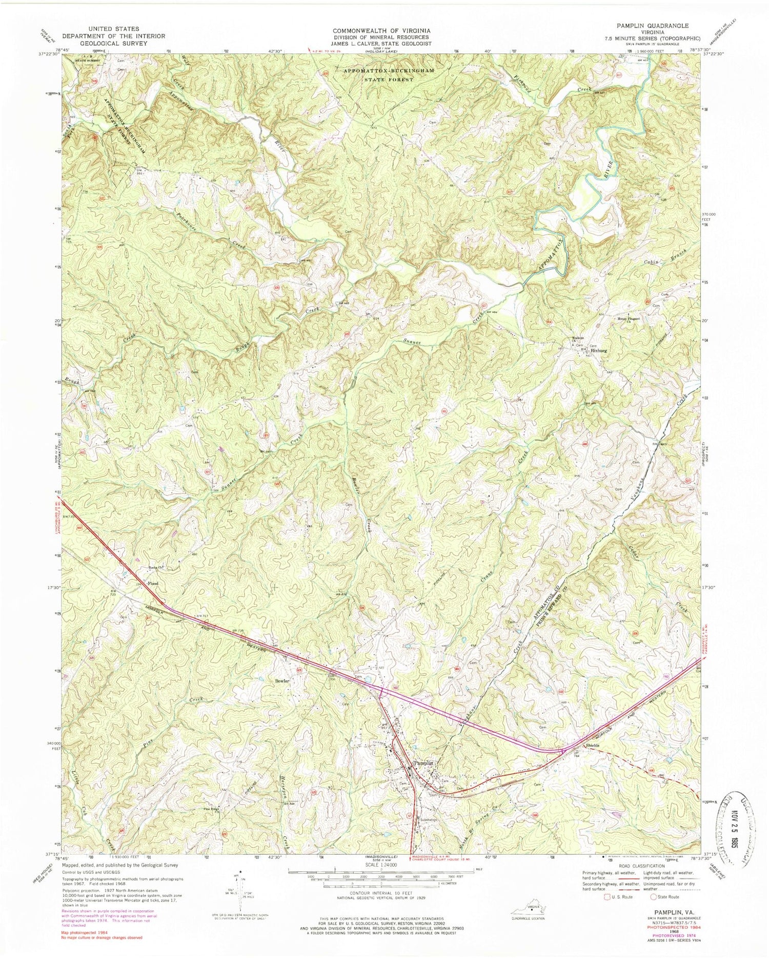 Classic USGS Pamplin Virginia 7.5'x7.5' Topo Map Image