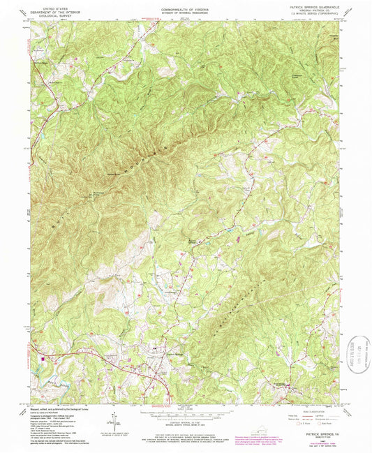 Classic USGS Patrick Springs Virginia 7.5'x7.5' Topo Map Image