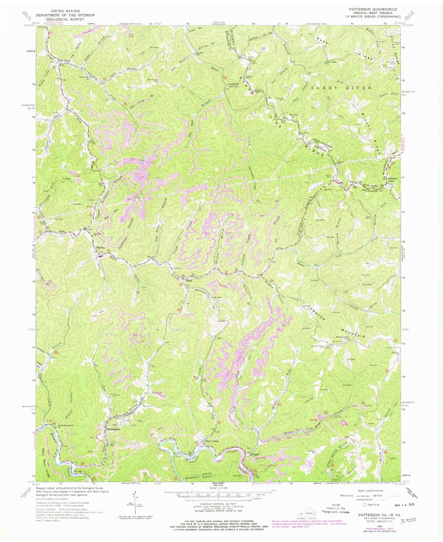 Classic USGS Patterson Virginia 7.5'x7.5' Topo Map Image
