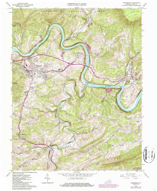 Classic USGS Pearisburg Virginia 7.5'x7.5' Topo Map Image