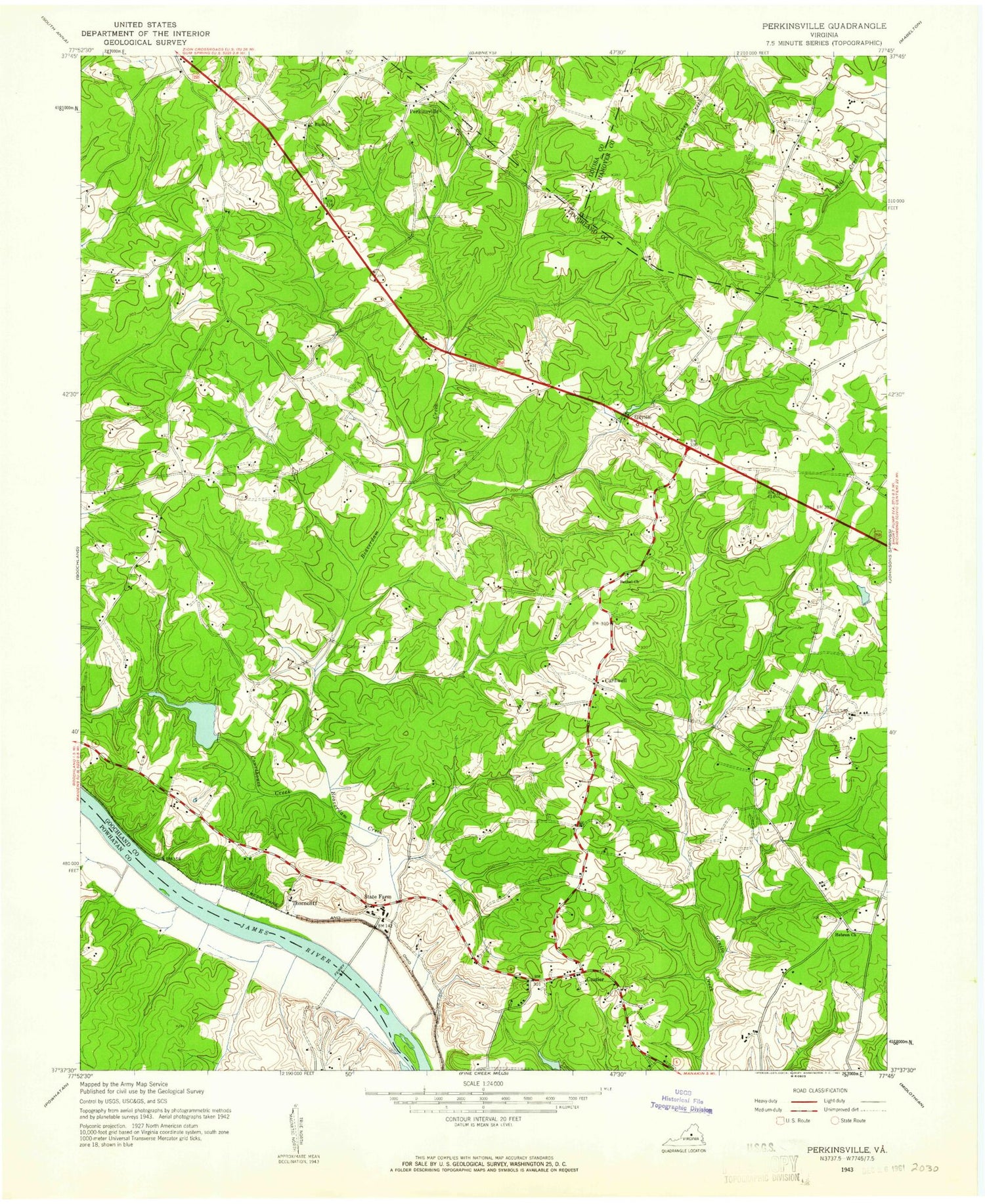 Classic USGS Perkinsville Virginia 7.5'x7.5' Topo Map Image