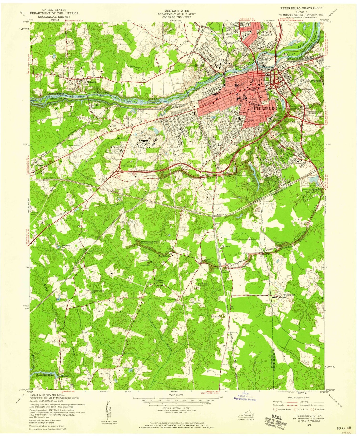 Classic USGS Petersburg Virginia 7.5'x7.5' Topo Map Image