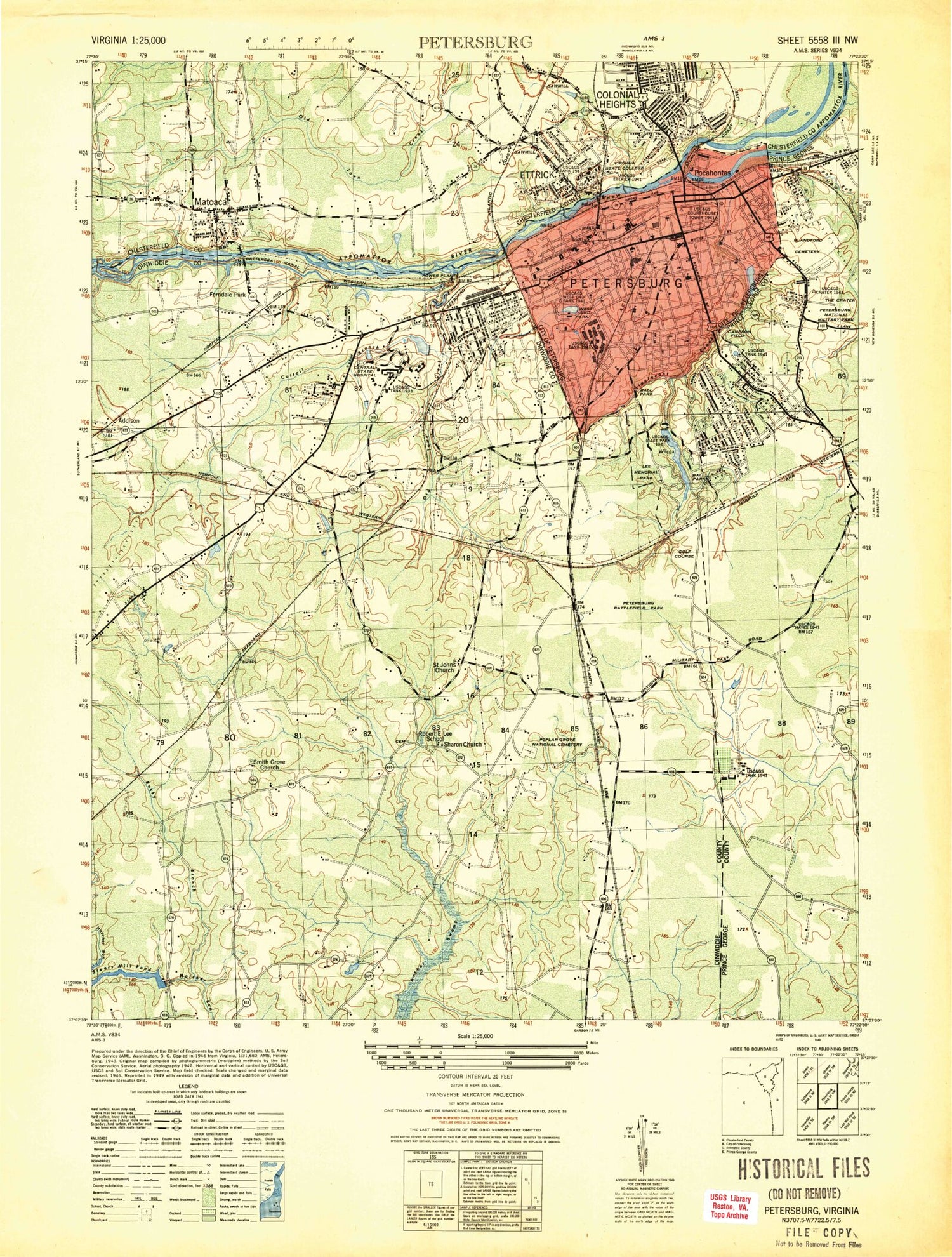 Classic USGS Petersburg Virginia 7.5'x7.5' Topo Map Image