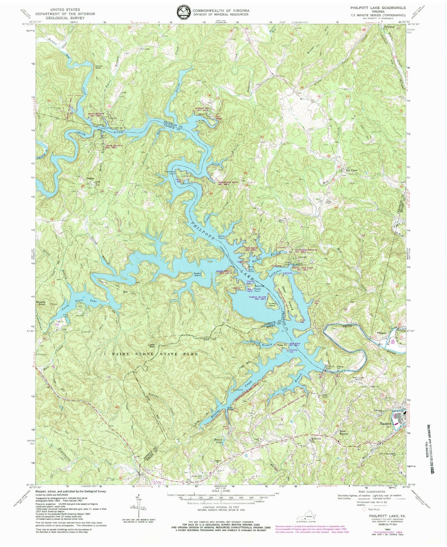 Classic USGS Philpott Lake Virginia 7.5'x7.5' Topo Map Image