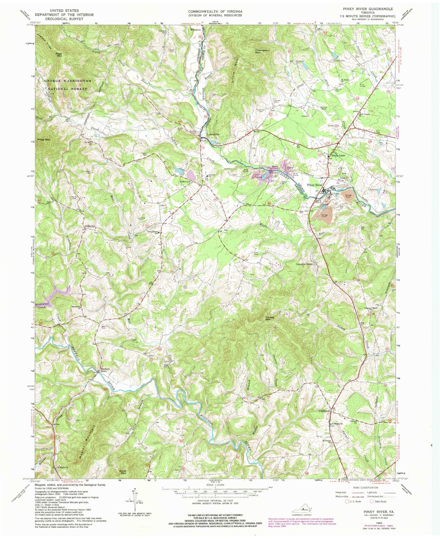 Classic USGS Piney River Virginia 7.5'x7.5' Topo Map Image