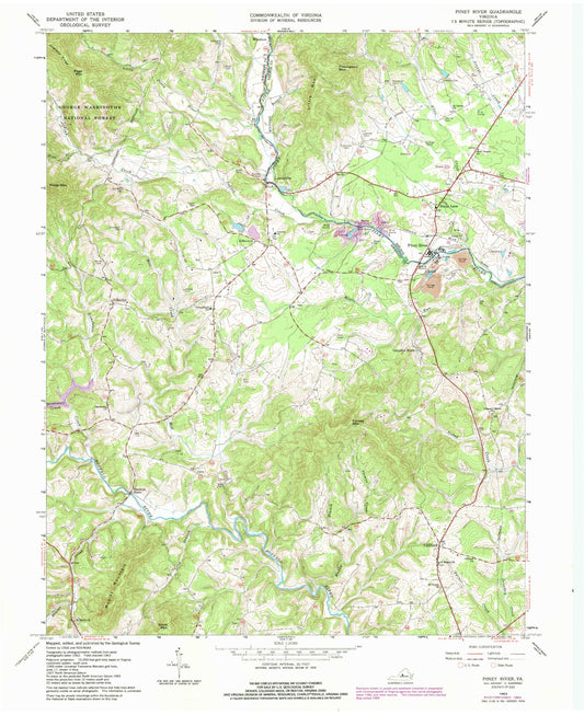 Classic USGS Piney River Virginia 7.5'x7.5' Topo Map Image
