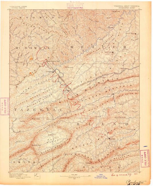 Historic 1887 Pocahontas Virginia 30'x30' Topo Map Image