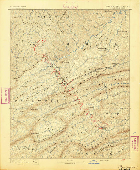 Historic 1891 Pocahontas Virginia 30'x30' Topo Map Image