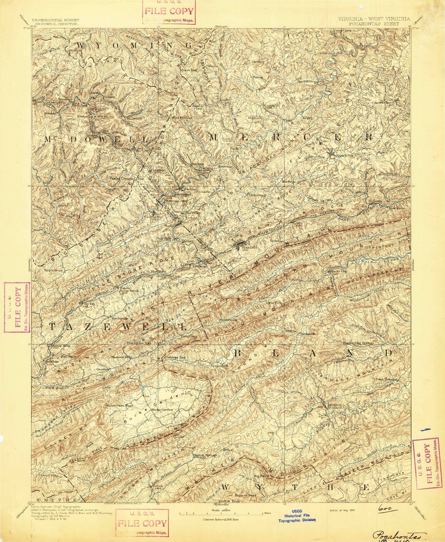 Historic 1894 Pocahontas Virginia 30'x30' Topo Map Image