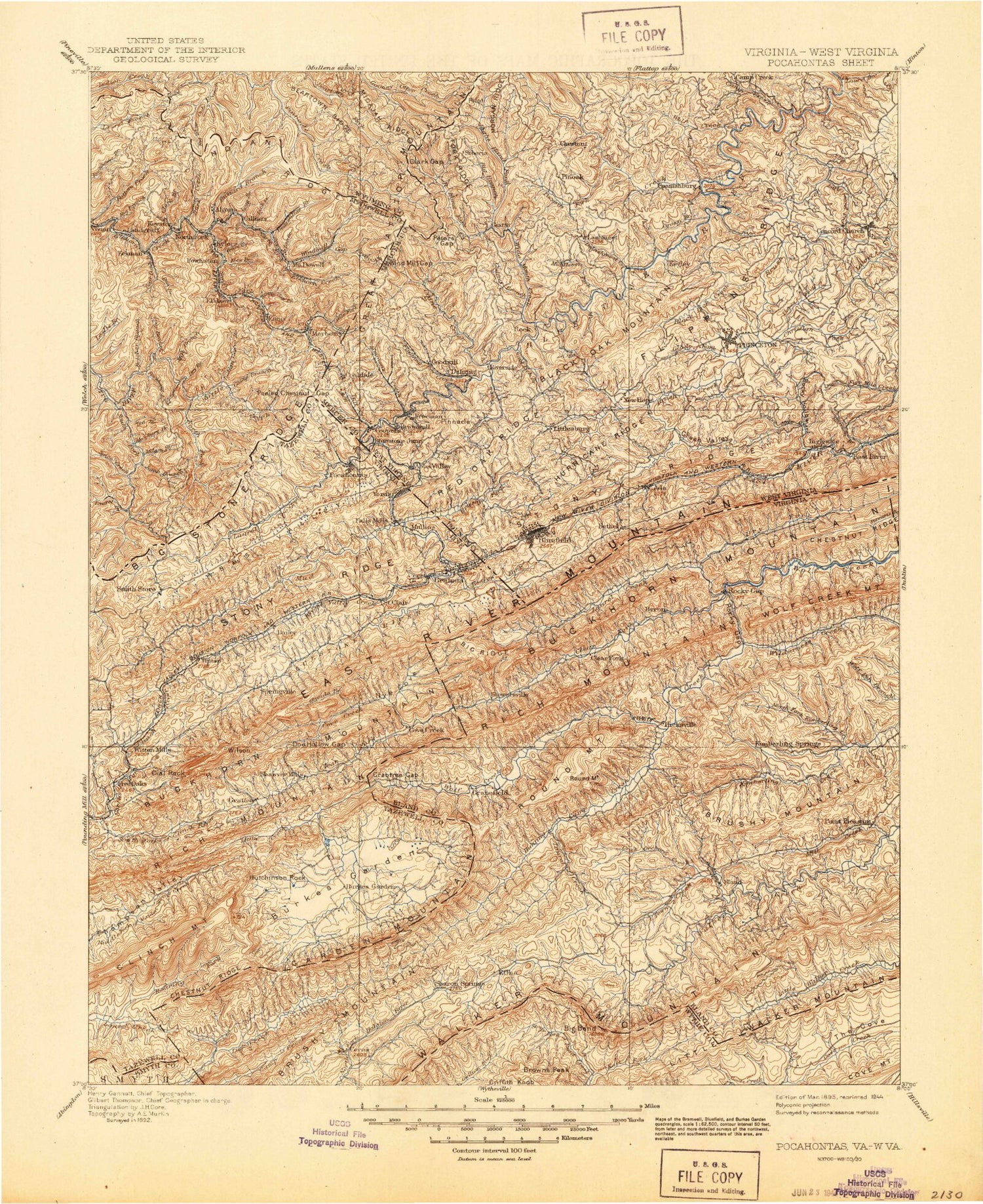 Historic 1895 Pocahontas Virginia 30'x30' Topo Map Image