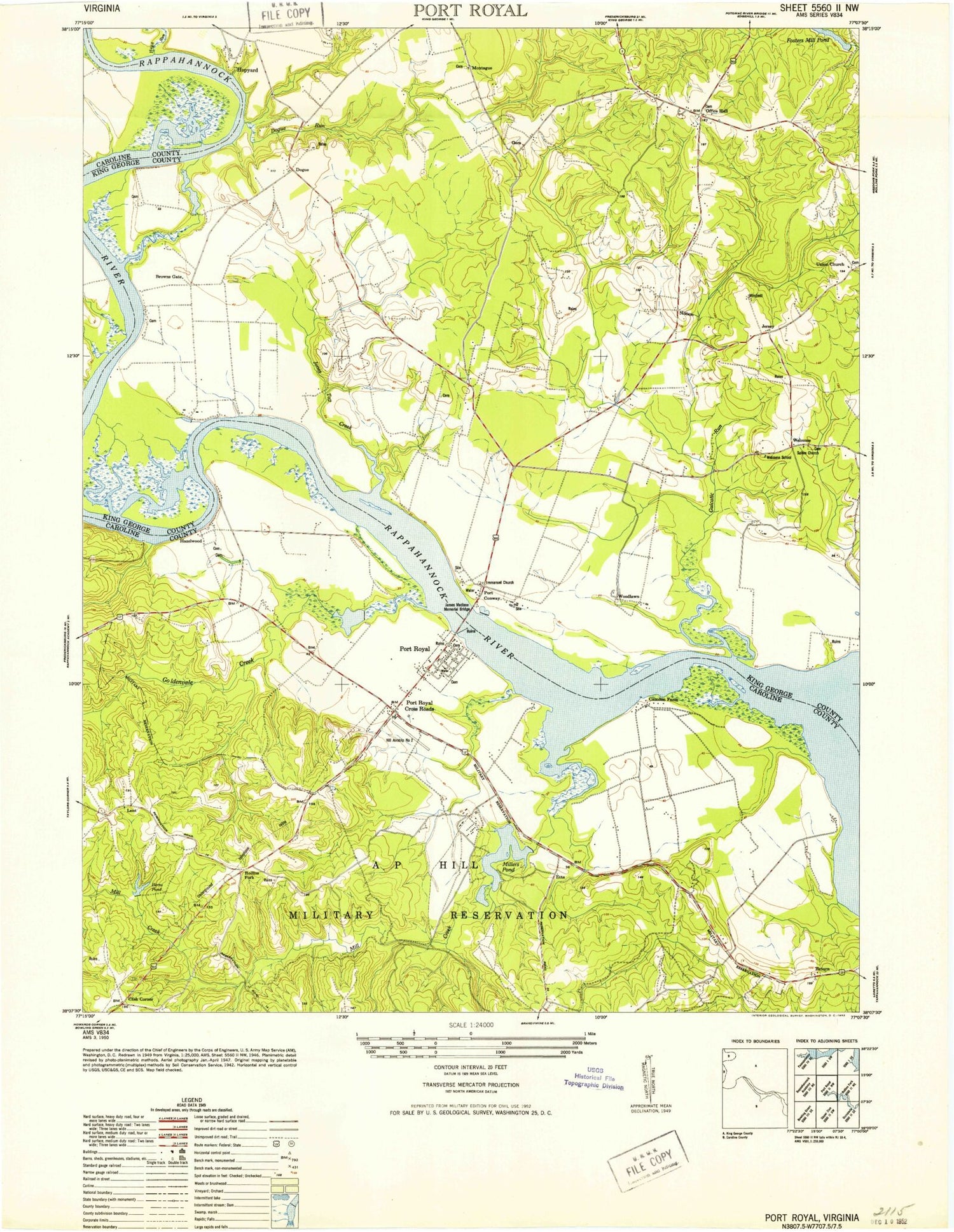 Classic USGS Port Royal Virginia 7.5'x7.5' Topo Map Image
