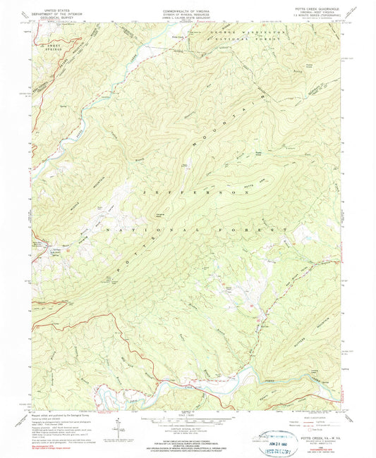 Classic USGS Potts Creek Virginia 7.5'x7.5' Topo Map Image