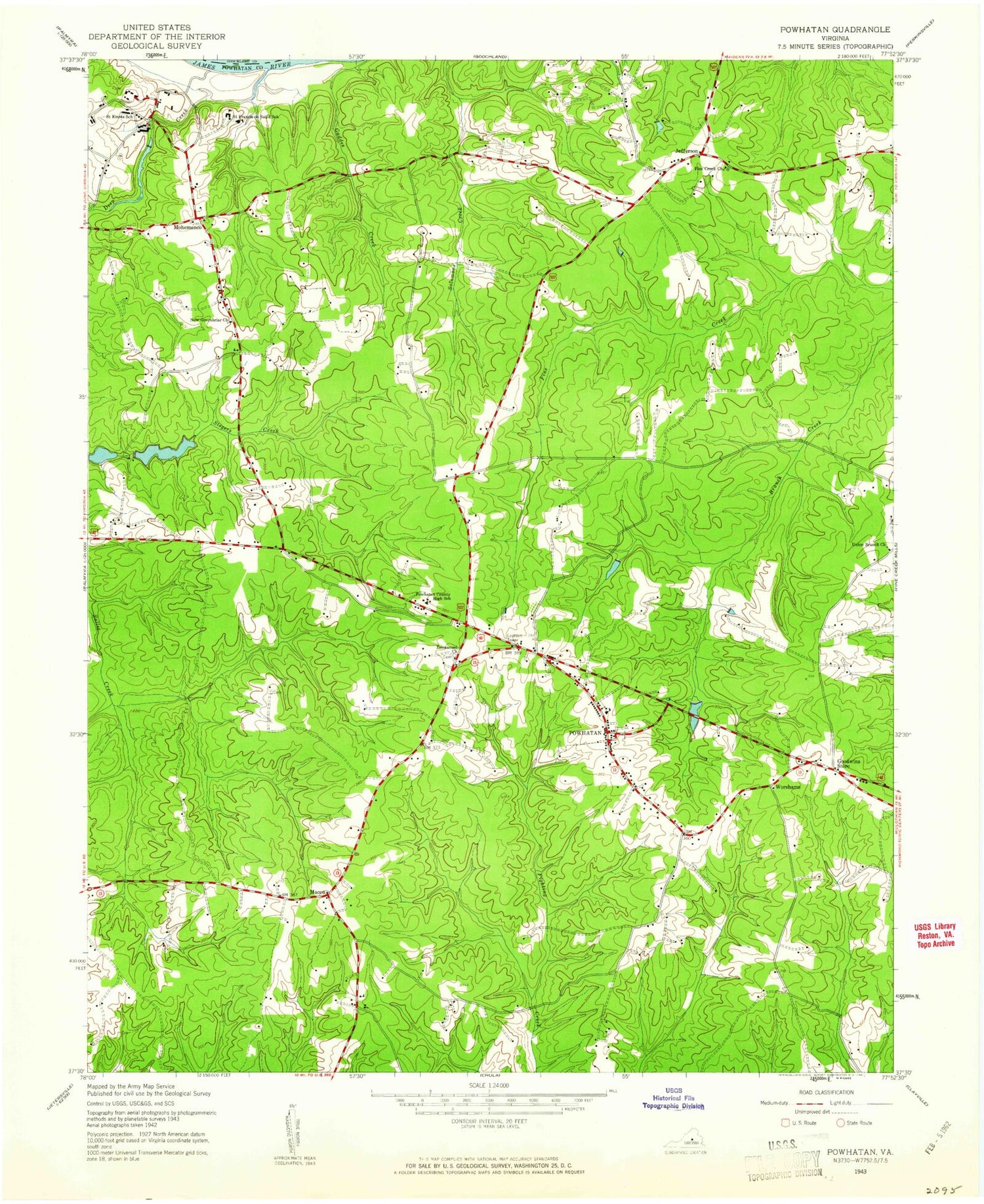 Classic USGS Powhatan Virginia 7.5'x7.5' Topo Map Image