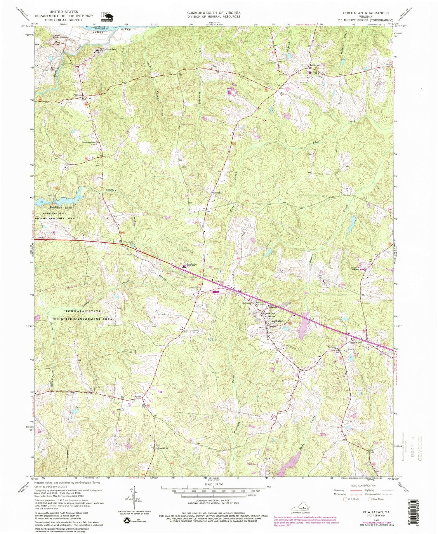 Classic USGS Powhatan Virginia 7.5'x7.5' Topo Map Image