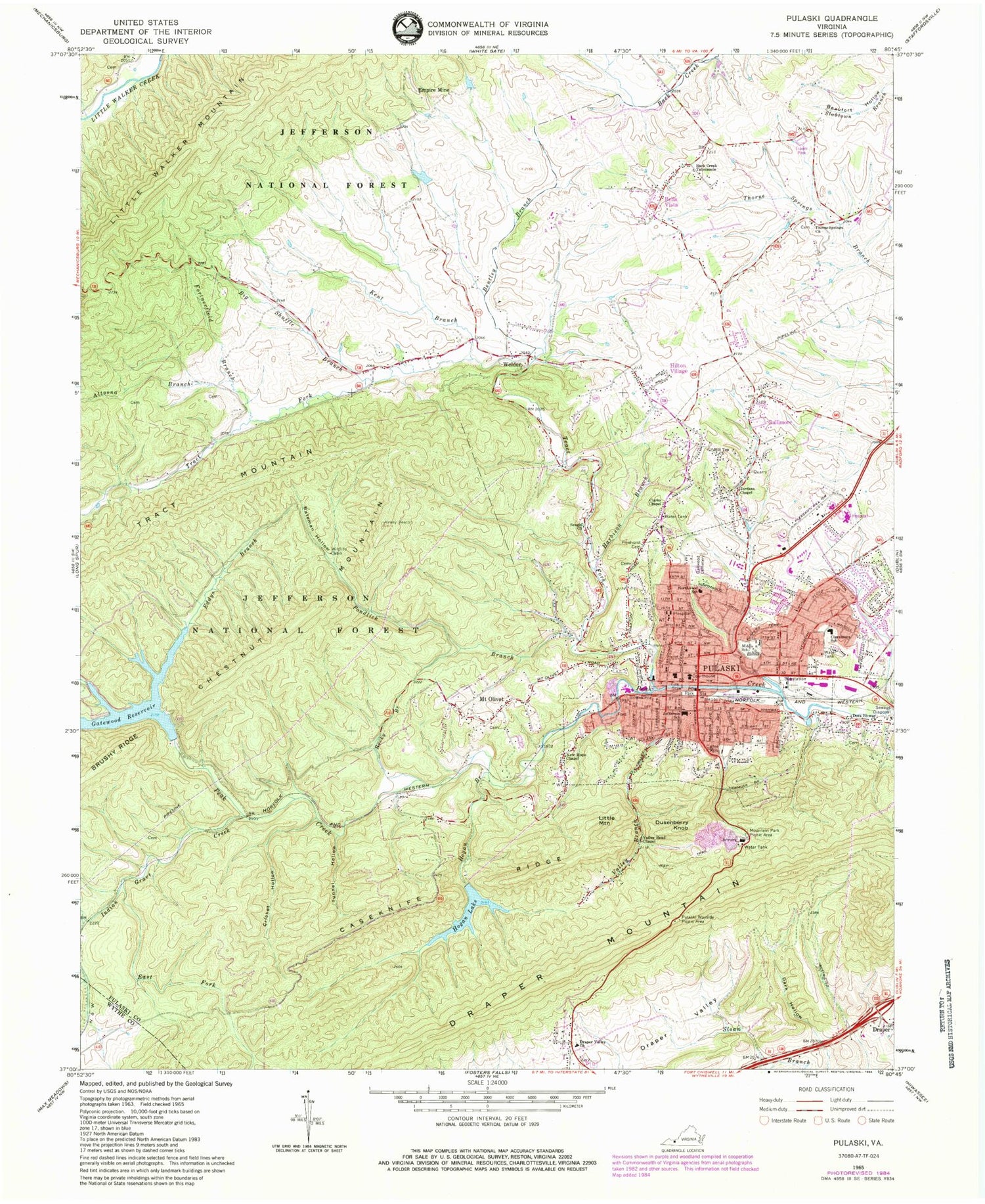 Classic USGS Pulaski Virginia 7.5'x7.5' Topo Map Image