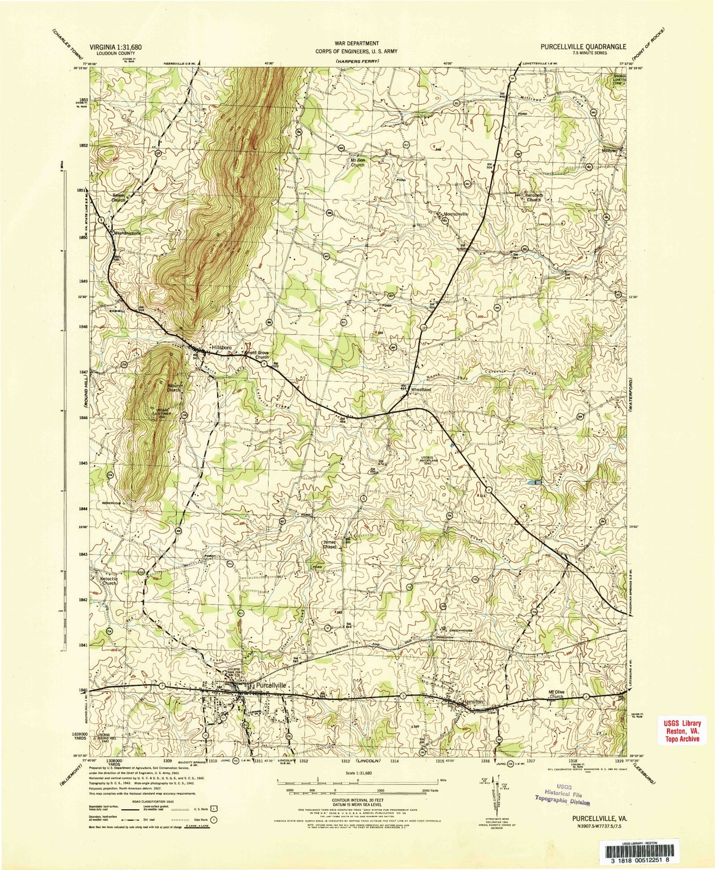 Classic USGS Purcellville Virginia 7.5'x7.5' Topo Map Image