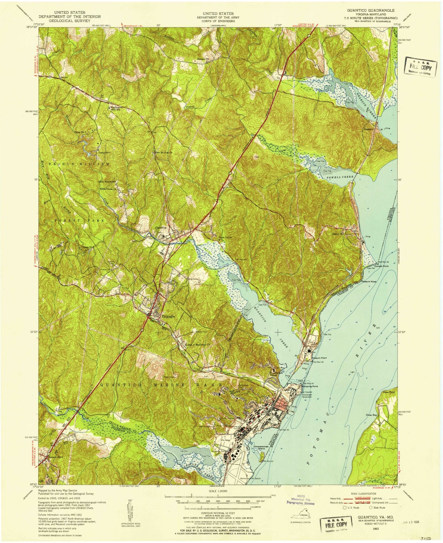 USGS Classic Quantico Virginia 7.5'x7.5' Topo Map Image