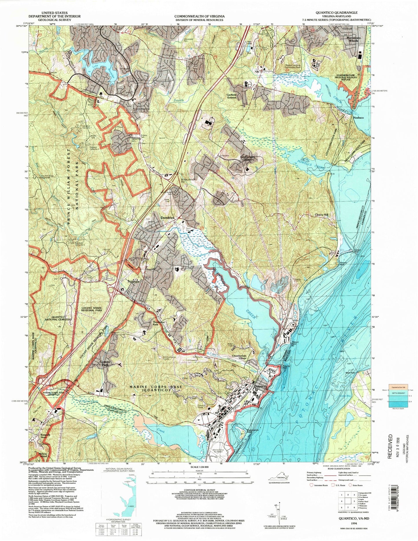 USGS Classic Quantico Virginia 7.5'x7.5' Topo Map Image