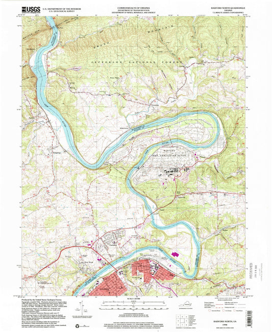 Classic USGS Radford North Virginia 7.5'x7.5' Topo Map Image