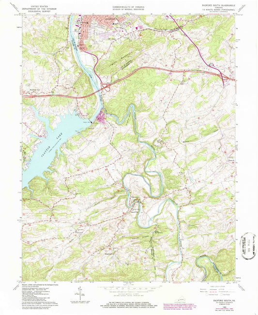 Classic USGS Radford South Virginia 7.5'x7.5' Topo Map Image