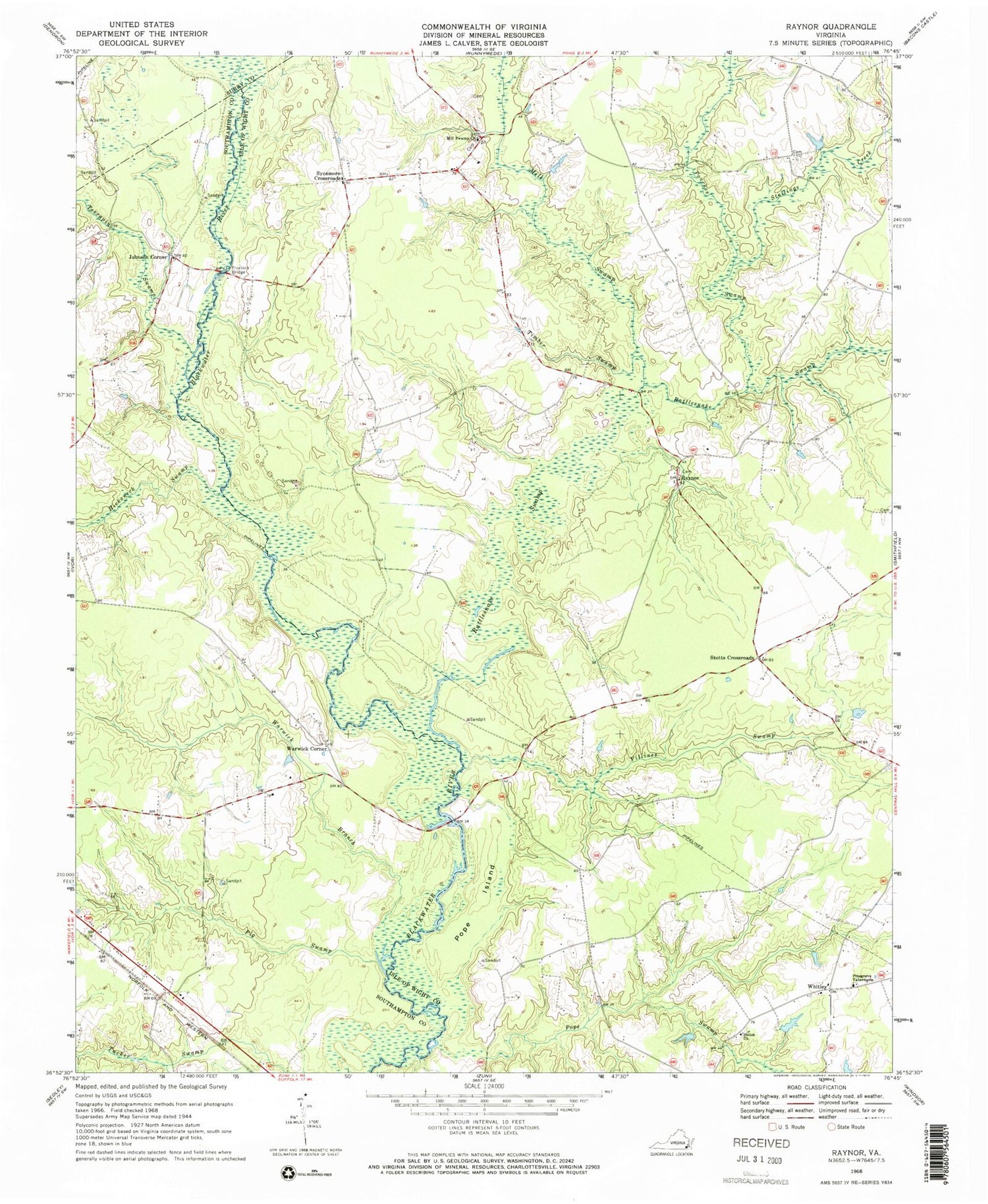 Classic USGS Raynor Virginia 7.5'x7.5' Topo Map Image