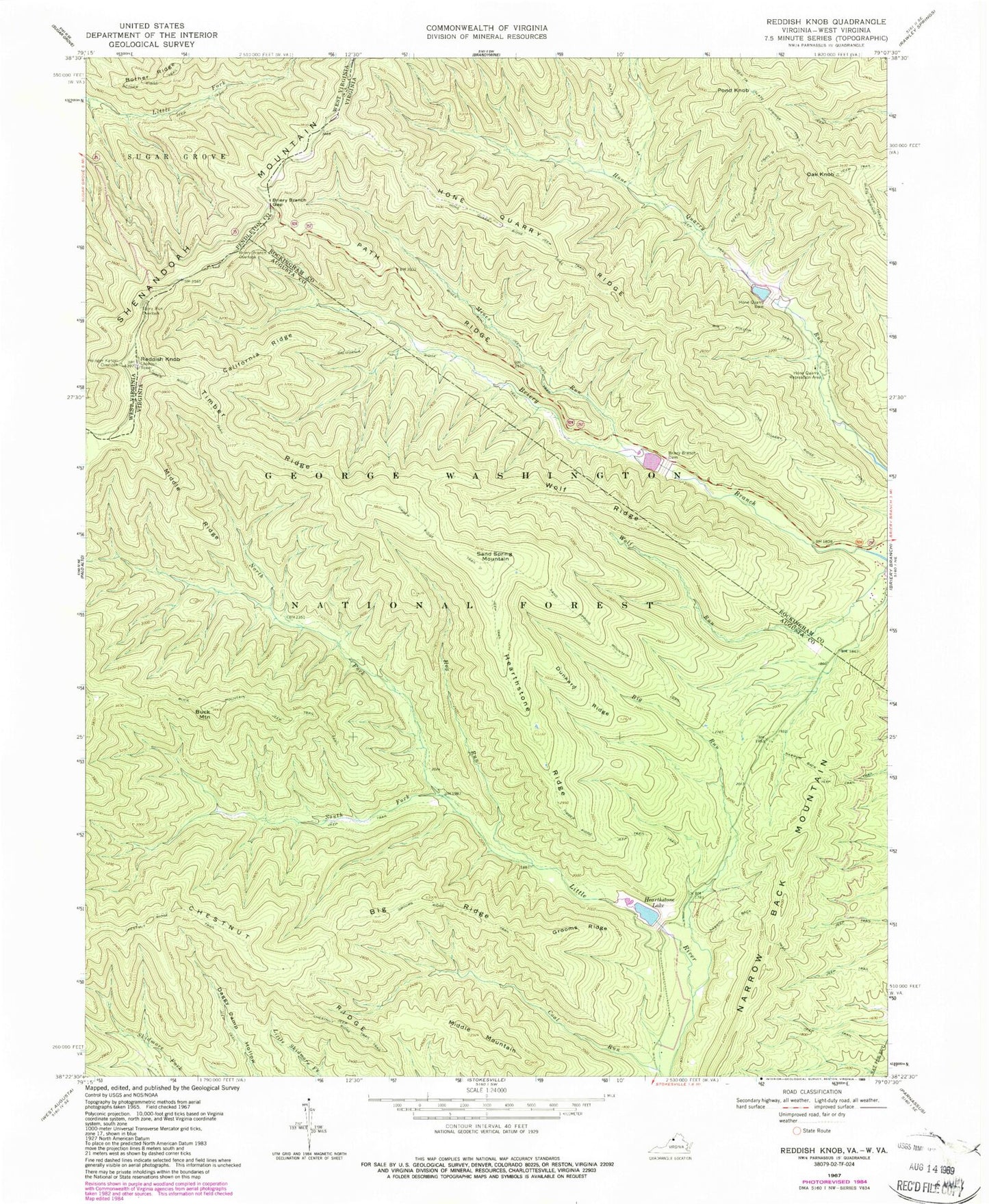 Classic USGS Reddish Knob Virginia 7.5'x7.5' Topo Map Image