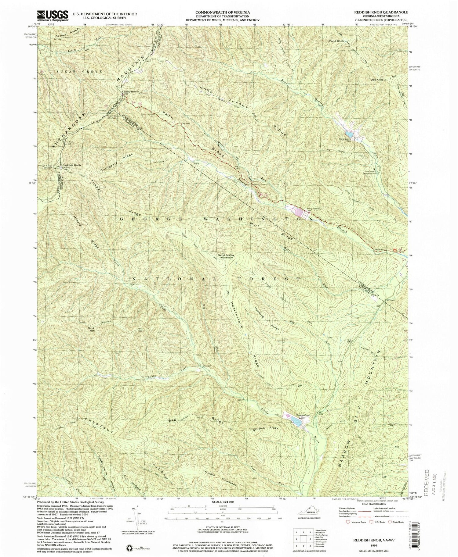 Classic USGS Reddish Knob Virginia 7.5'x7.5' Topo Map Image