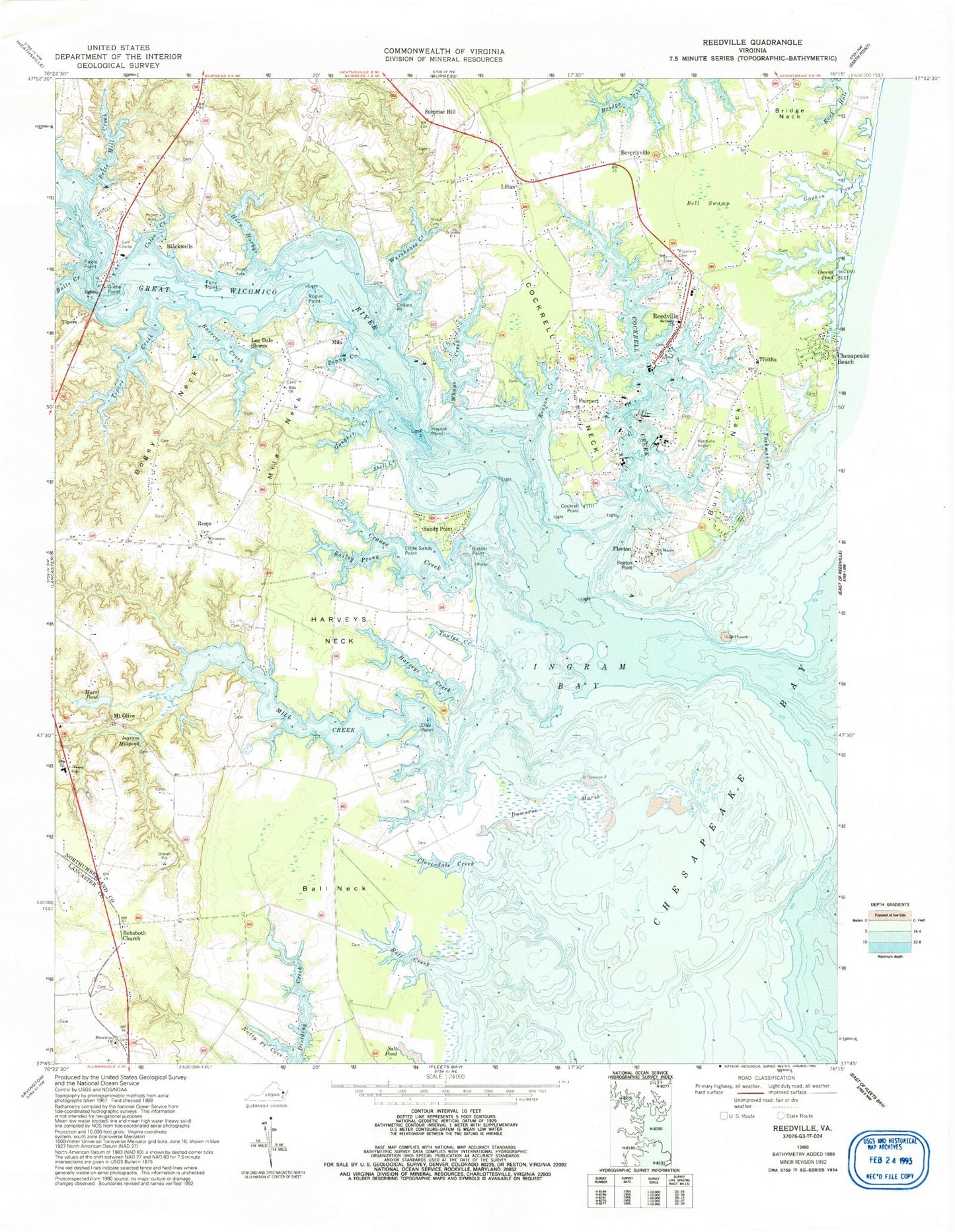 Classic USGS Reedville Virginia 7.5'x7.5' Topo Map Image