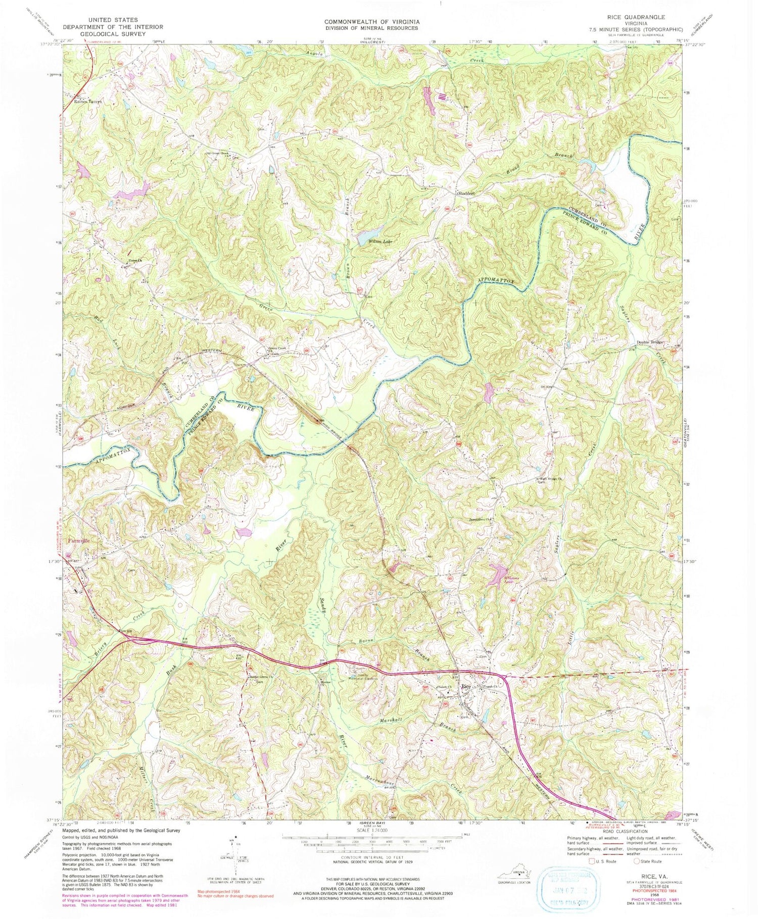 Classic USGS Rice Virginia 7.5'x7.5' Topo Map Image