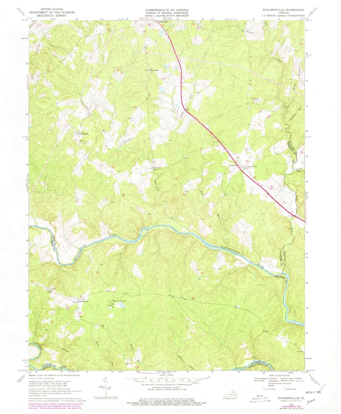 Classic USGS Richardsville Virginia 7.5'x7.5' Topo Map Image