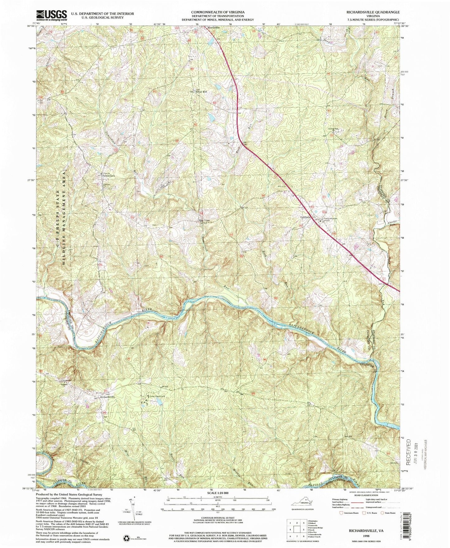 Classic USGS Richardsville Virginia 7.5'x7.5' Topo Map Image