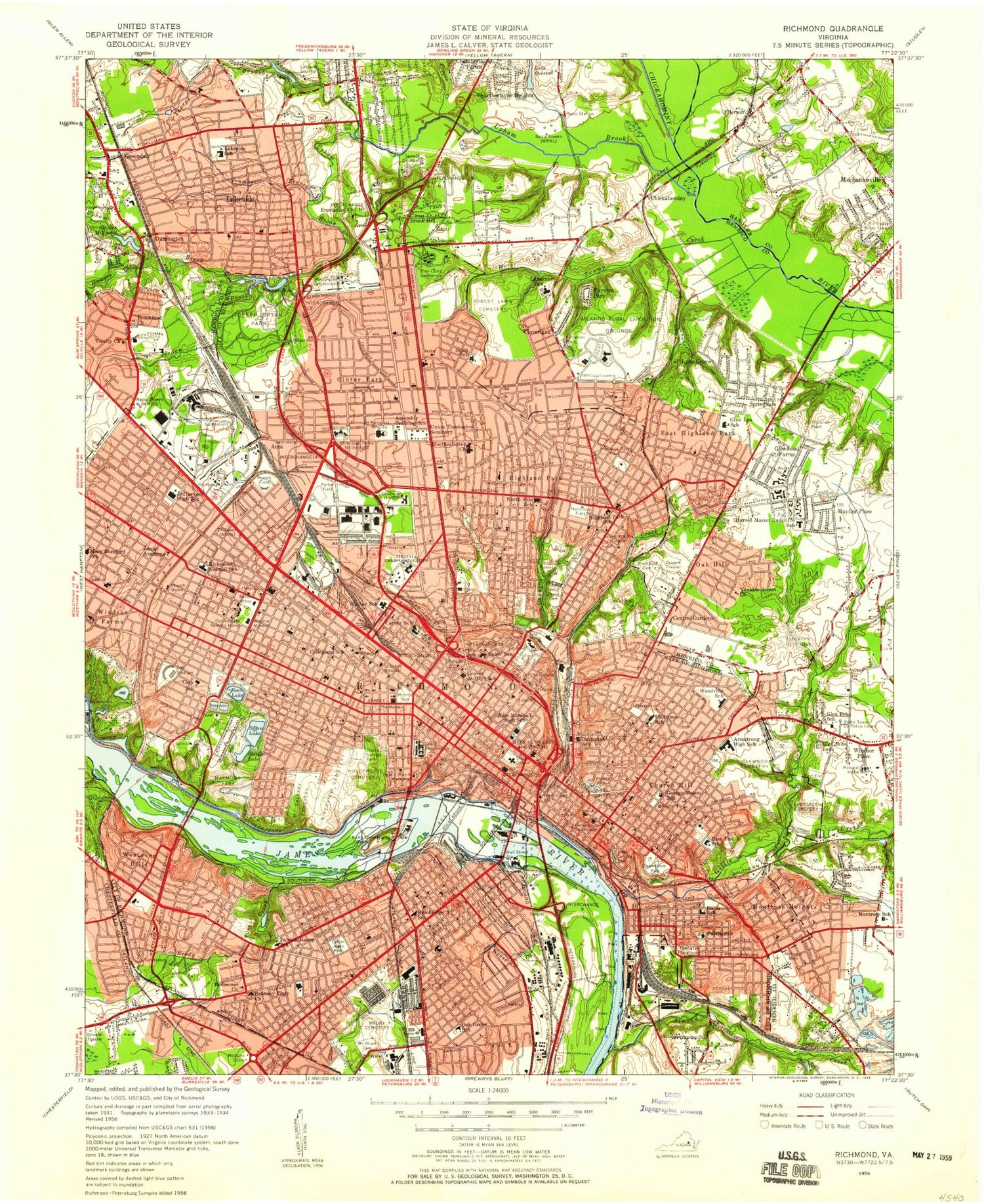Classic USGS Richmond Virginia 7.5'x7.5' Topo Map Image