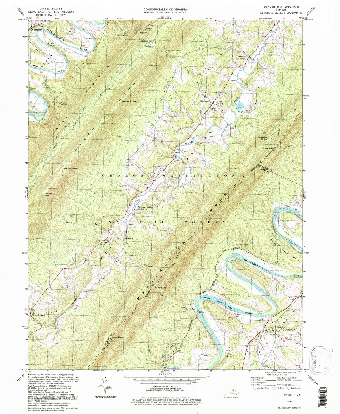 Classic USGS Rileyville Virginia 7.5'x7.5' Topo Map Image