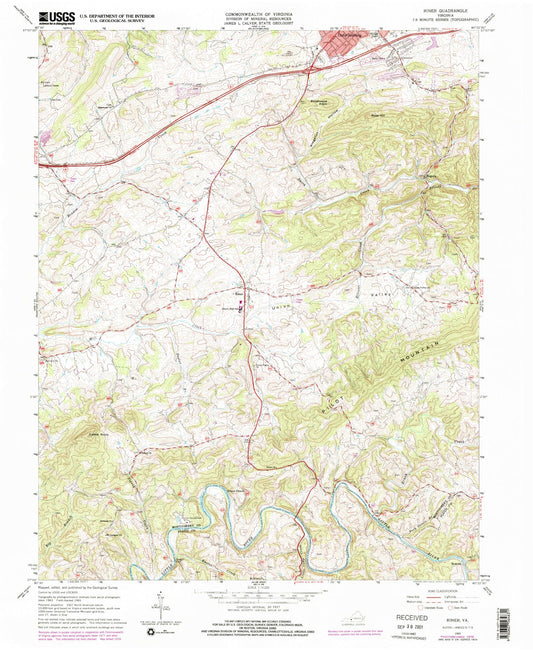 Classic USGS Riner Virginia 7.5'x7.5' Topo Map Image