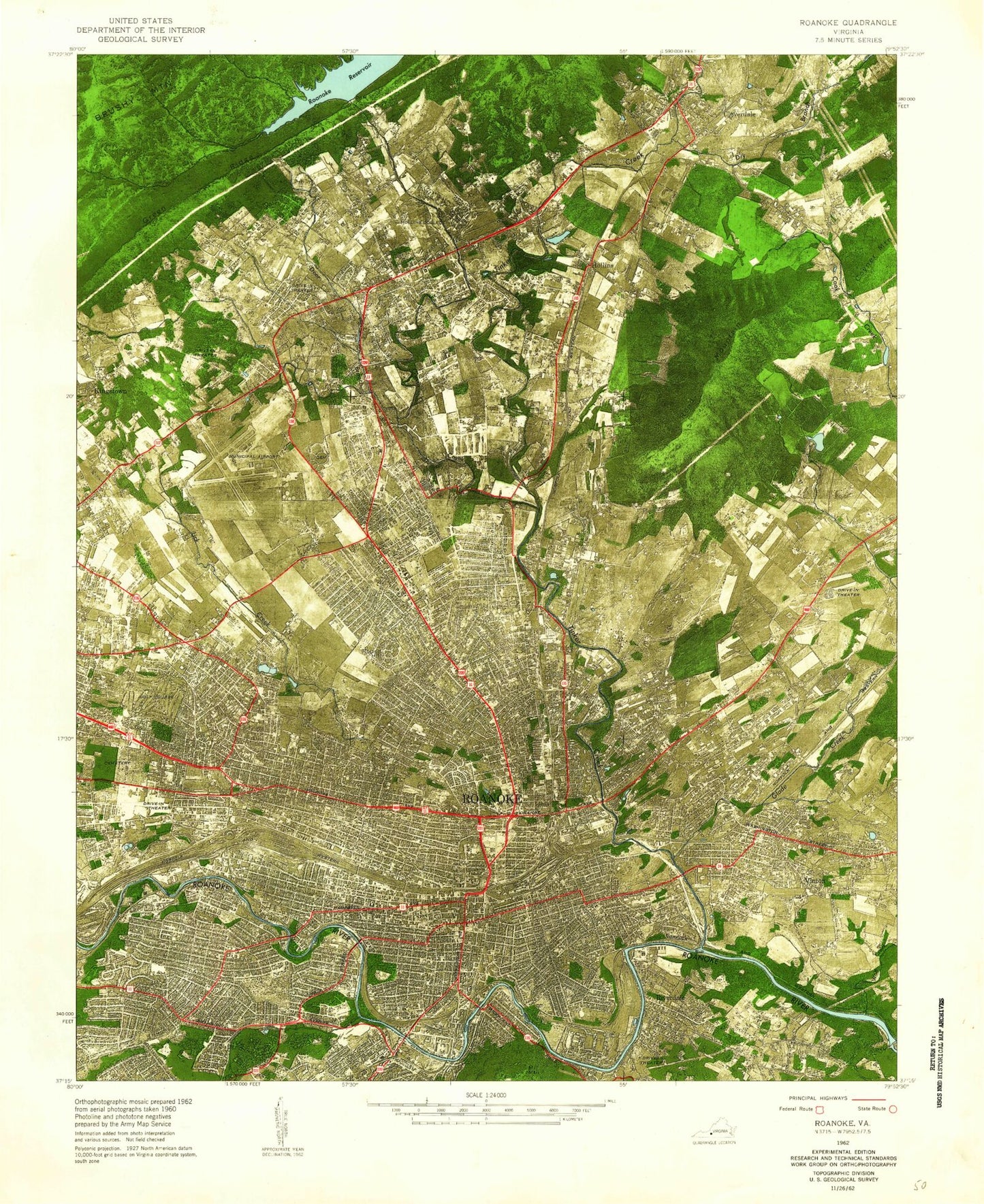 Classic USGS Roanoke Virginia 7.5'x7.5' Topo Map Image