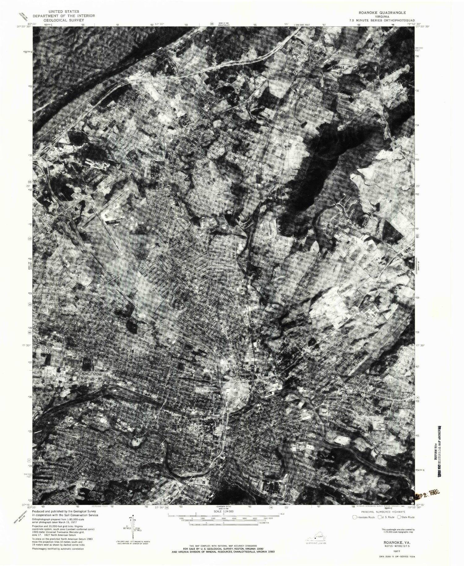 Classic USGS Roanoke Virginia 7.5'x7.5' Topo Map Image
