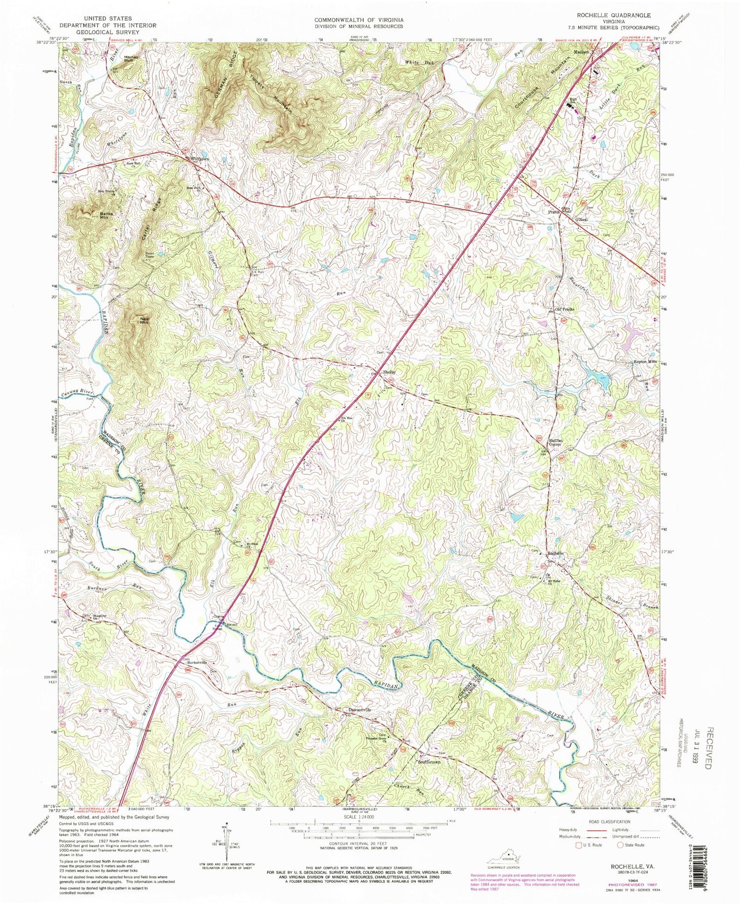 Classic USGS Rochelle Virginia 7.5'x7.5' Topo Map Image