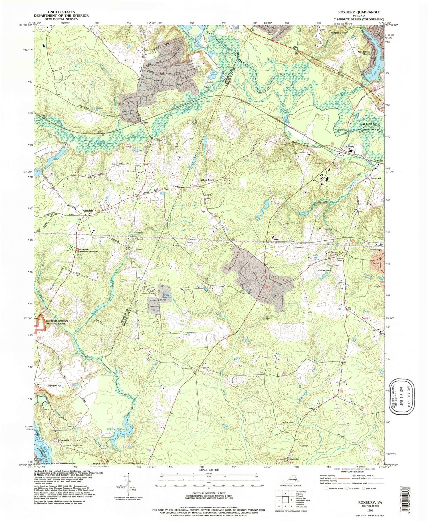 Classic USGS Roxbury Virginia 7.5'x7.5' Topo Map Image