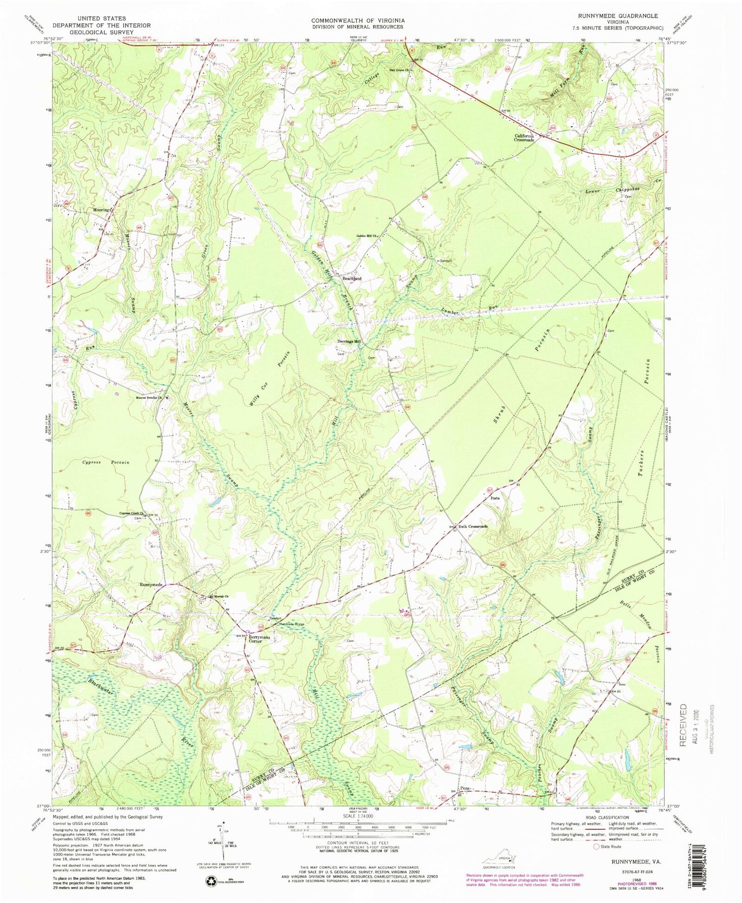Classic USGS Runnymede Virginia 7.5'x7.5' Topo Map Image